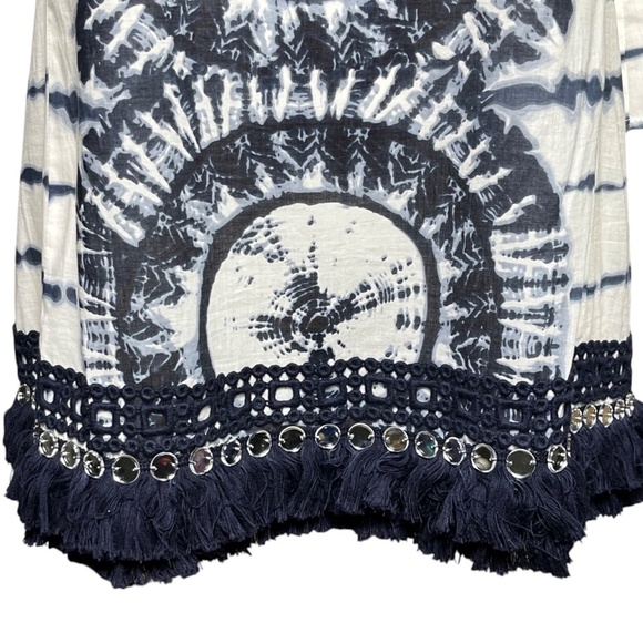 Tory Burch Stephanie Mirrored Embellished Fringe Navy Tie Dye Tunic Top Size 10 - Picture 3 of 11